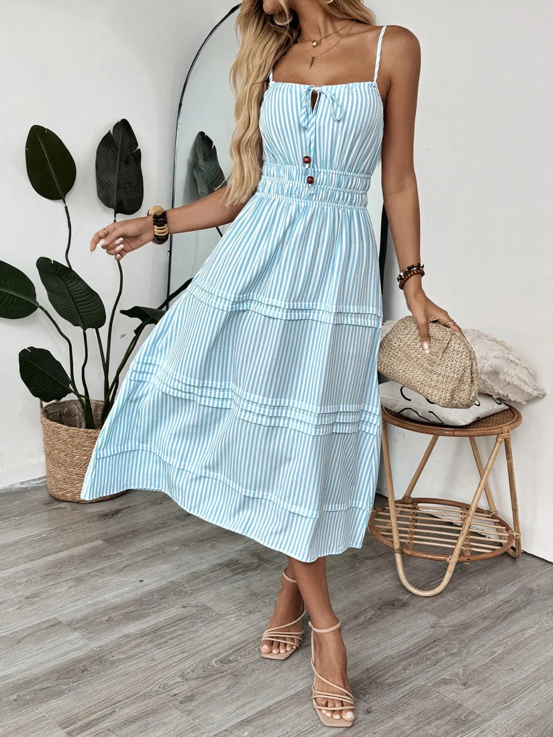 Pastel Blue Striped Cami Midi Dress