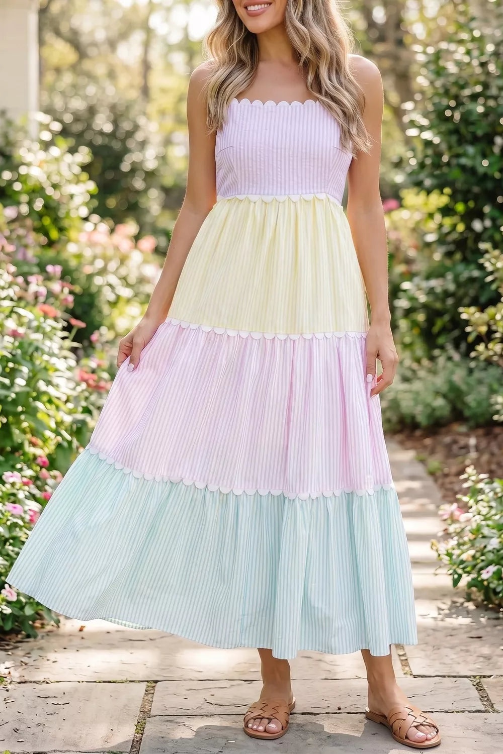Pastel Stripe Scalloped Maxi Dress | Tiered & Smocked