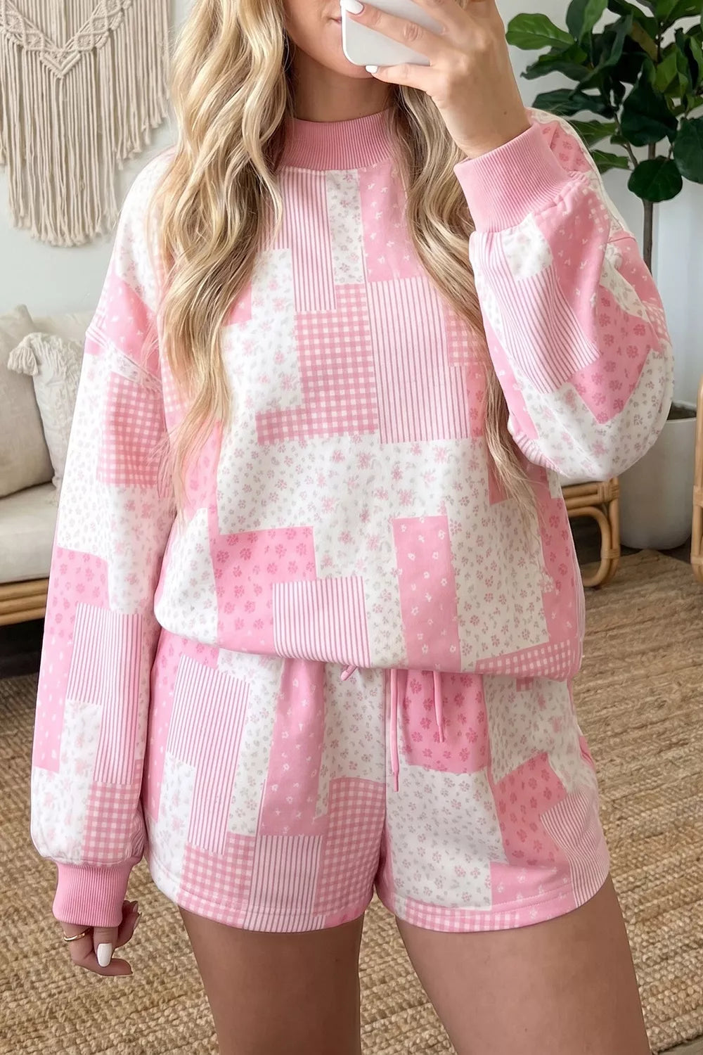 Patchwork Floral Print Baggy Pullover Drawstring Shorts Set Blush Pink