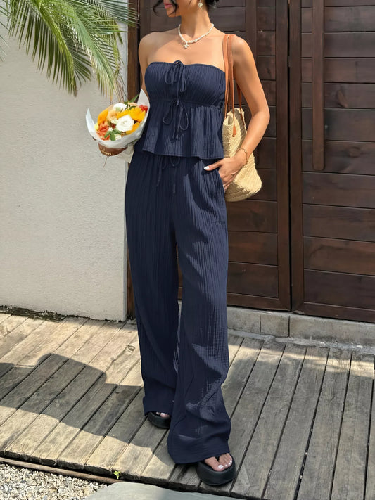 Peplum Tube Top & Wide-Leg Pants Set Navy Blue