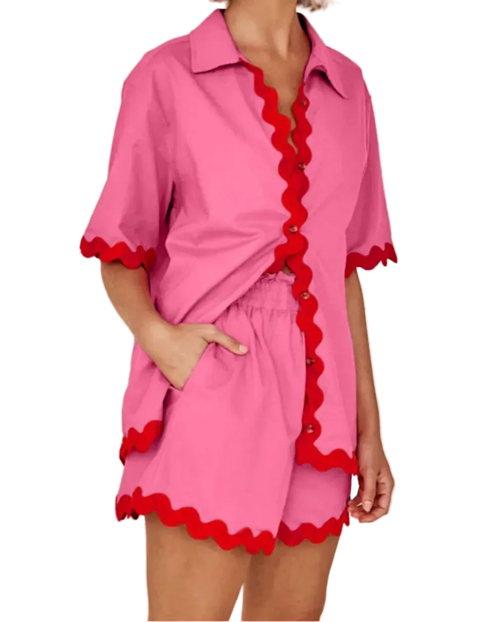 Pink Contrast Trim Half Sleeve Top and Shorts Set