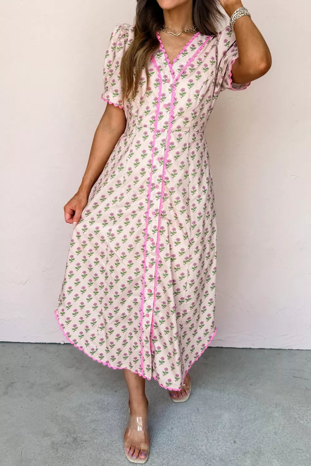 Pink Floral Scallop Trim Button Front Dress