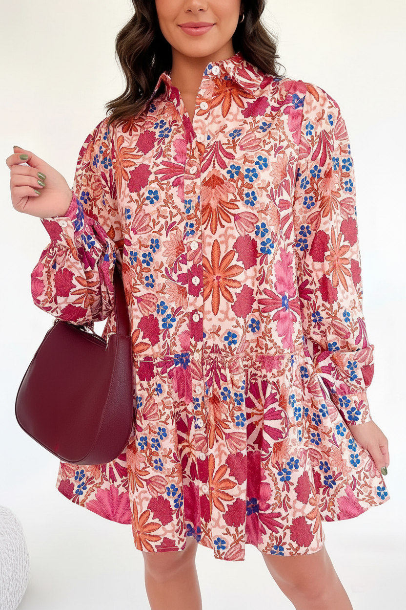 Pink_Flower_Print_Mini_Shirt_Dress