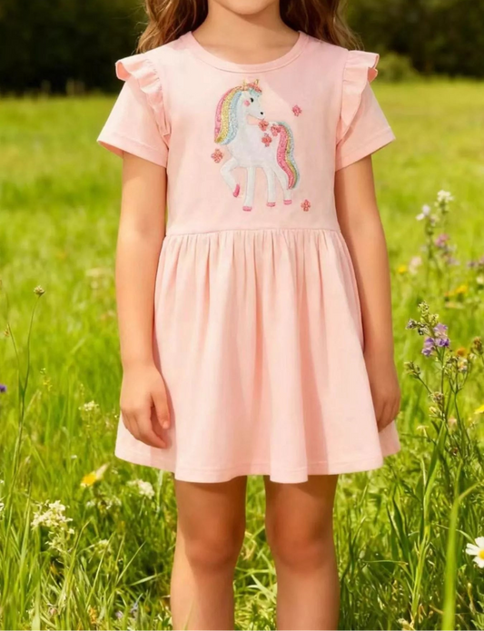 Pink girls' dress by Marigold Kids featuring flower and unicorn applique with ruffled details, perfect for special occasions.