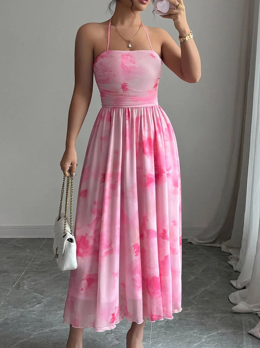 Pink Halter Neck Midi Dress