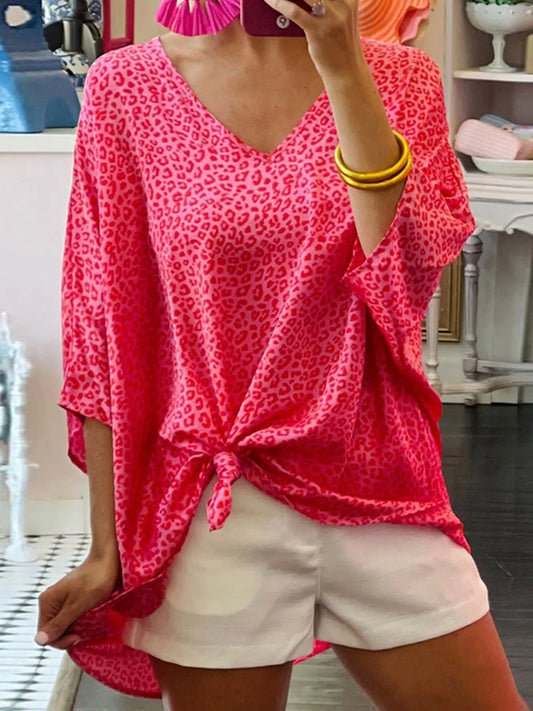 Pink Leopard V-Neck Blouse