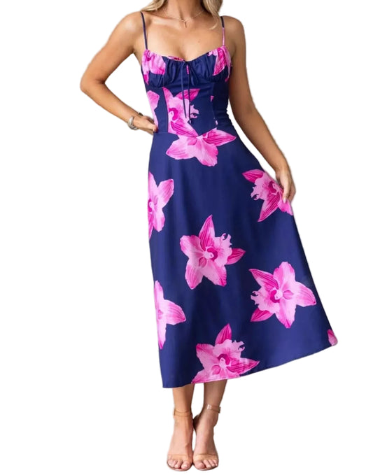 Pink Lily Print Midi Cami Dress with Lace-Up Back