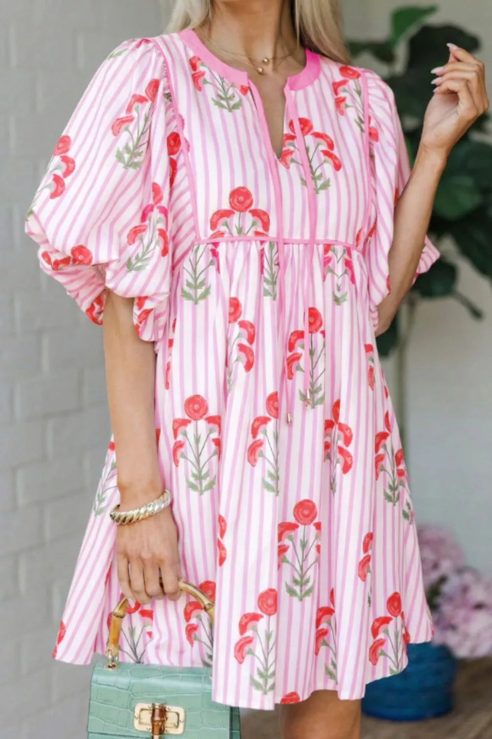 Pink Striped Floral Mini Dress
