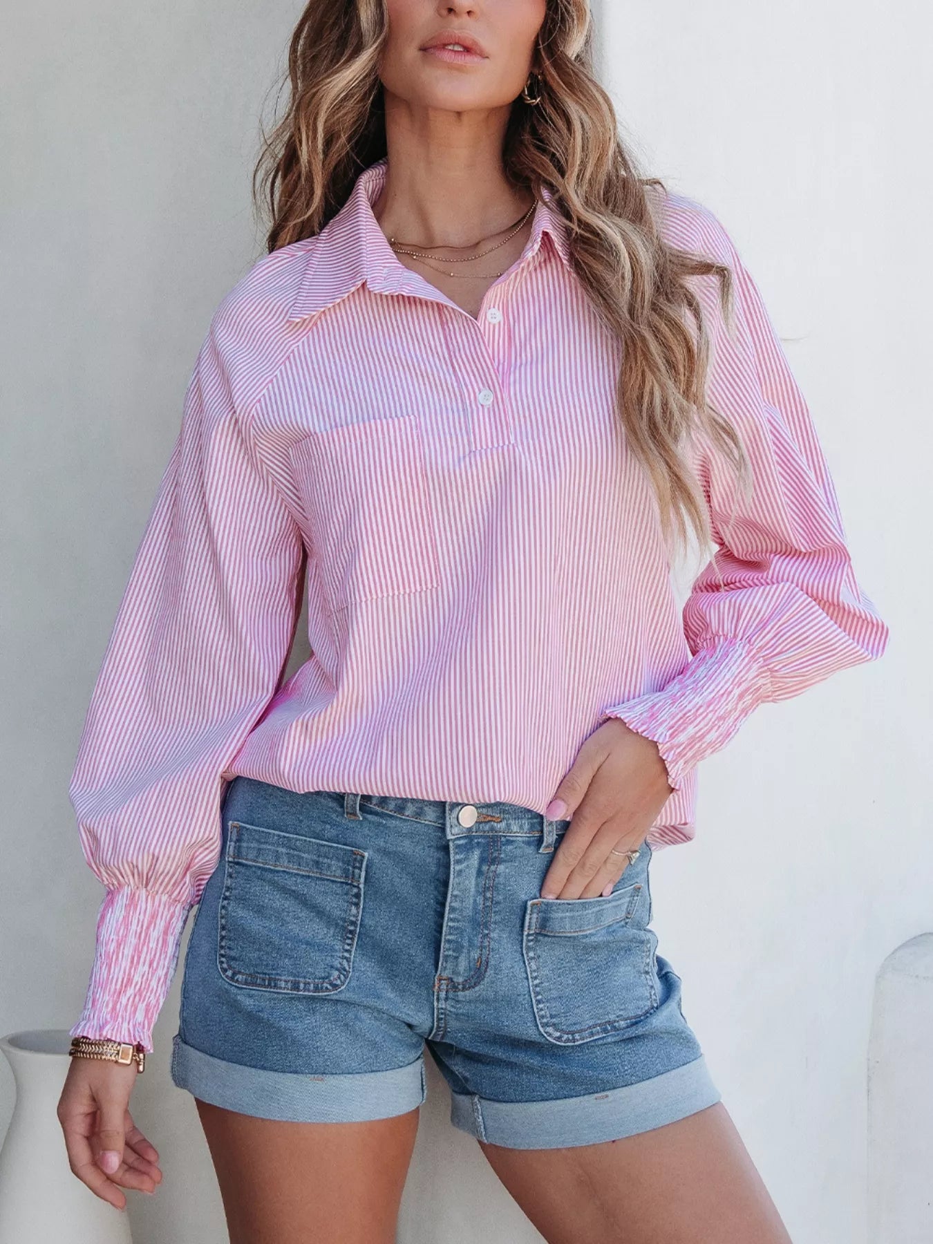 Pinstripe Collared Blouse with Smocked Cuffs Blush Pink