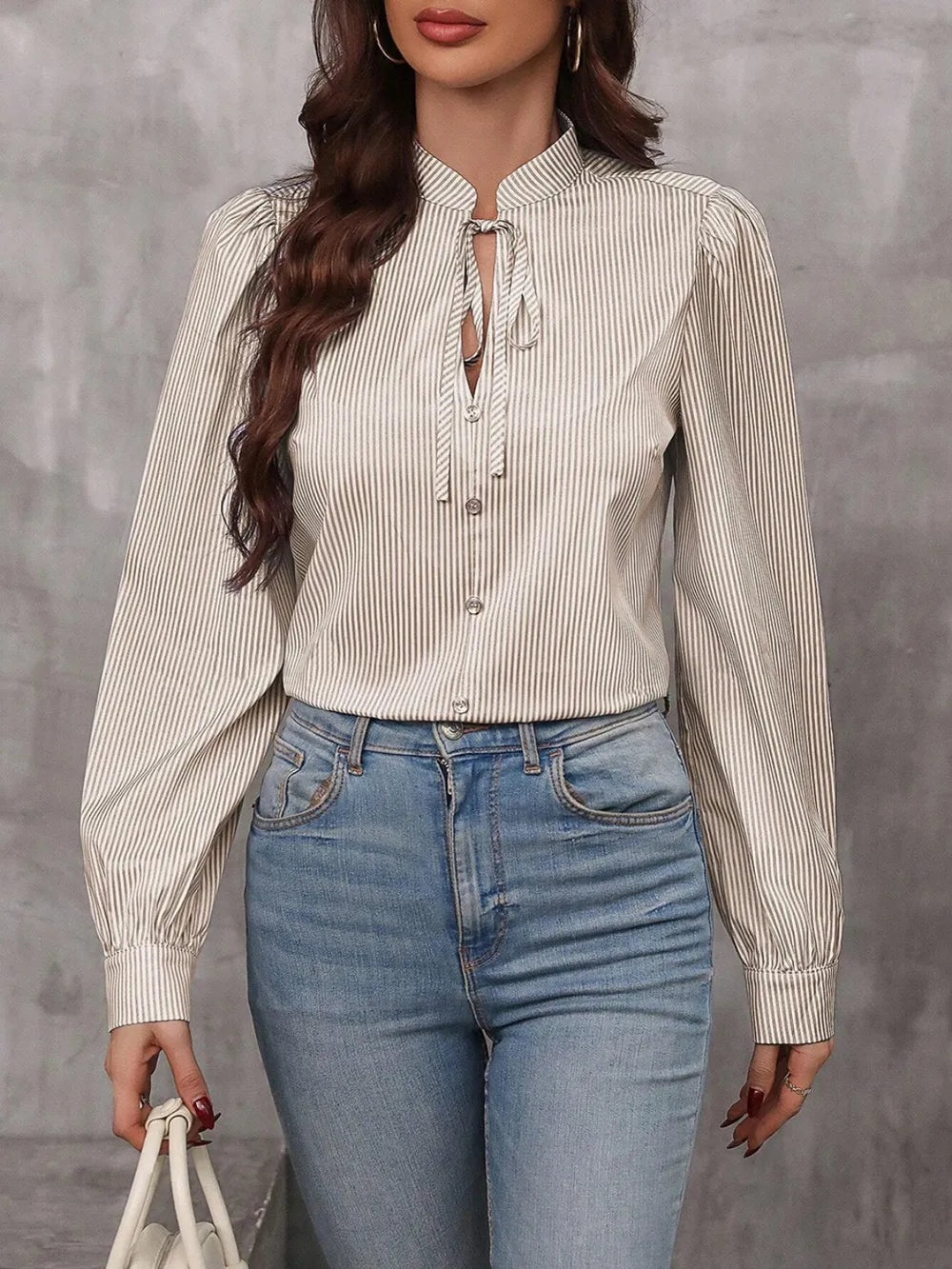 Pinstripe Semi-Collar Fine Tie Blouse