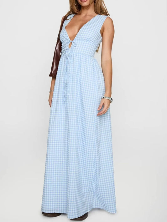 Plaid Maxi Dress - Sleeveless Tie Front Long Dress for Women