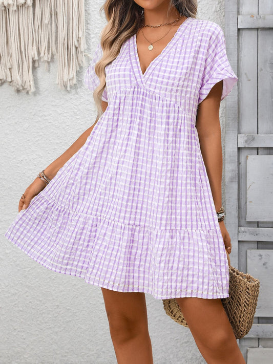 Plaid V-Neck Ruffle Hem Mini Dress Purple