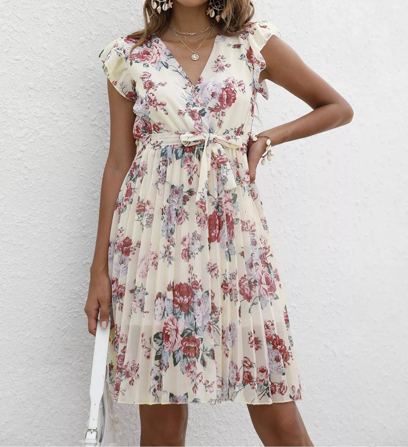 Pleated Floral Print Ruffle Sleeve Dress