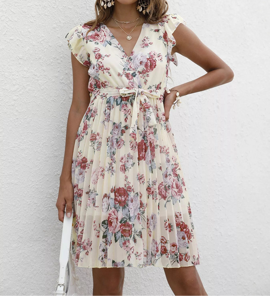 Pleated Floral Print Ruffle Sleeve Dress