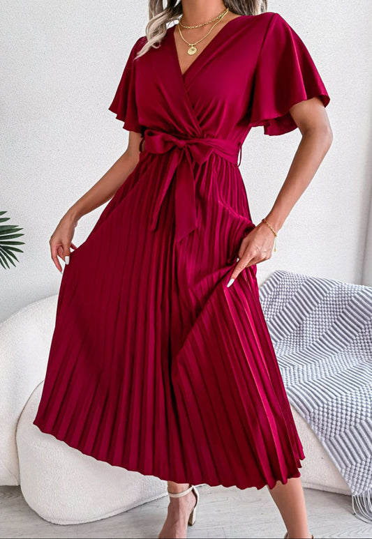Pleated Flutter-Sleeve Belted Midi Dress Red