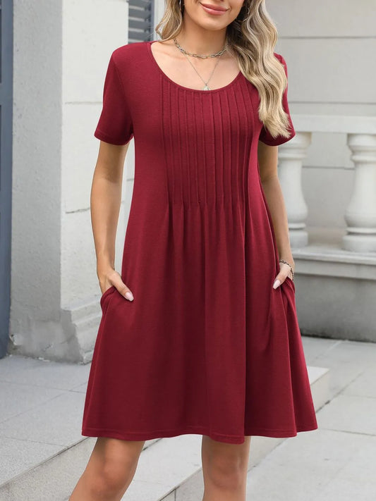 Pleated Front Round Neck Swing Dress burgundy