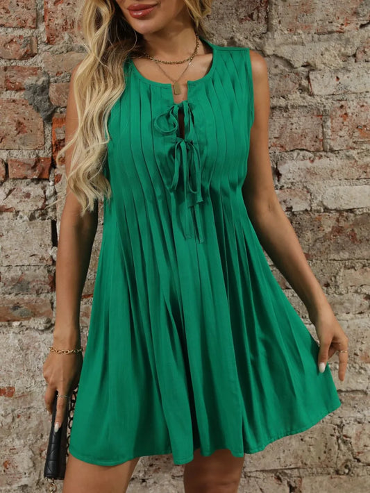 Pleated Mini Dress with Tie Front - Sleeveless Summer Dress for Women green