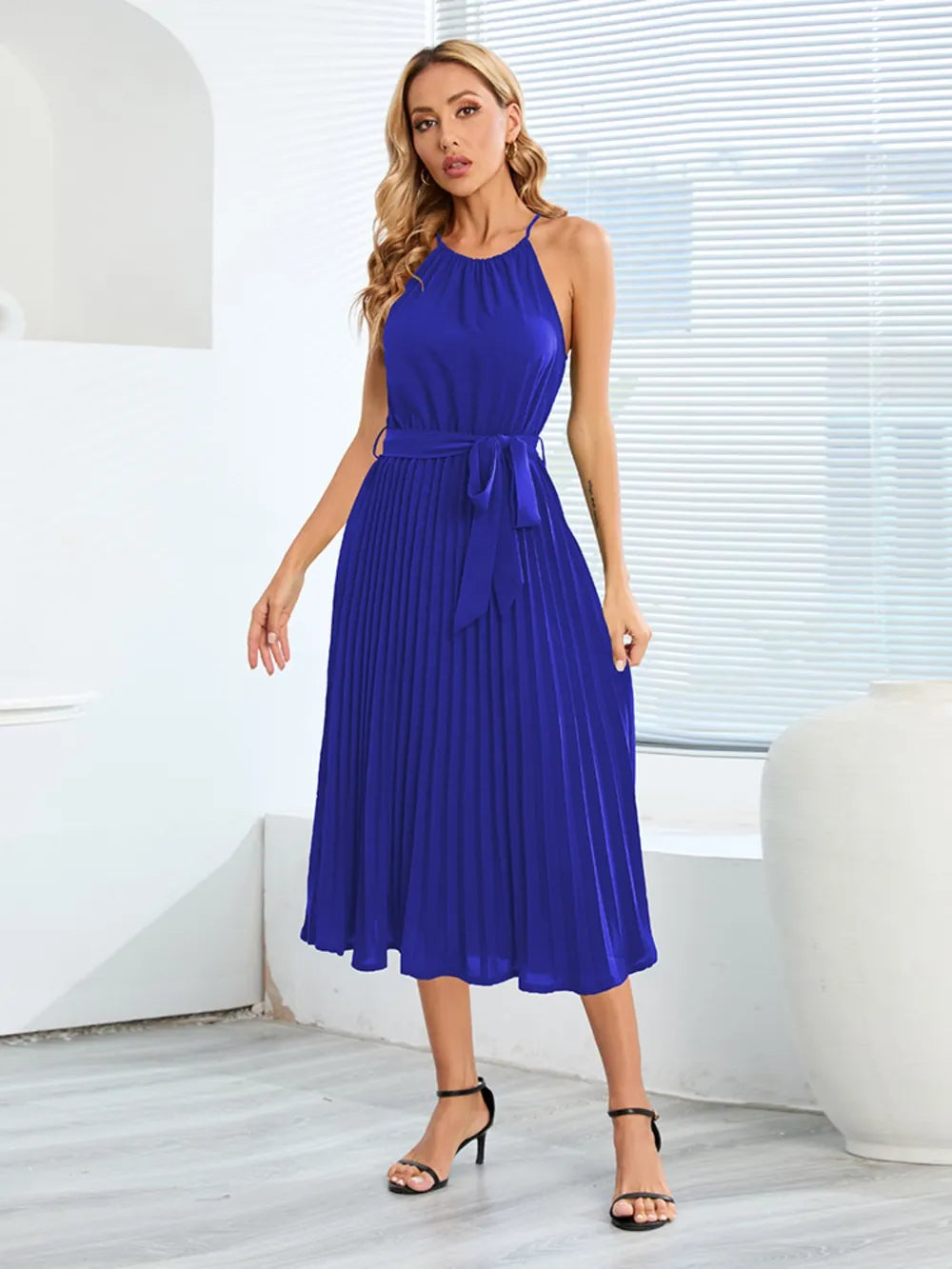 Pleated Spaghetti Strap Tie-Waist Midi Dress