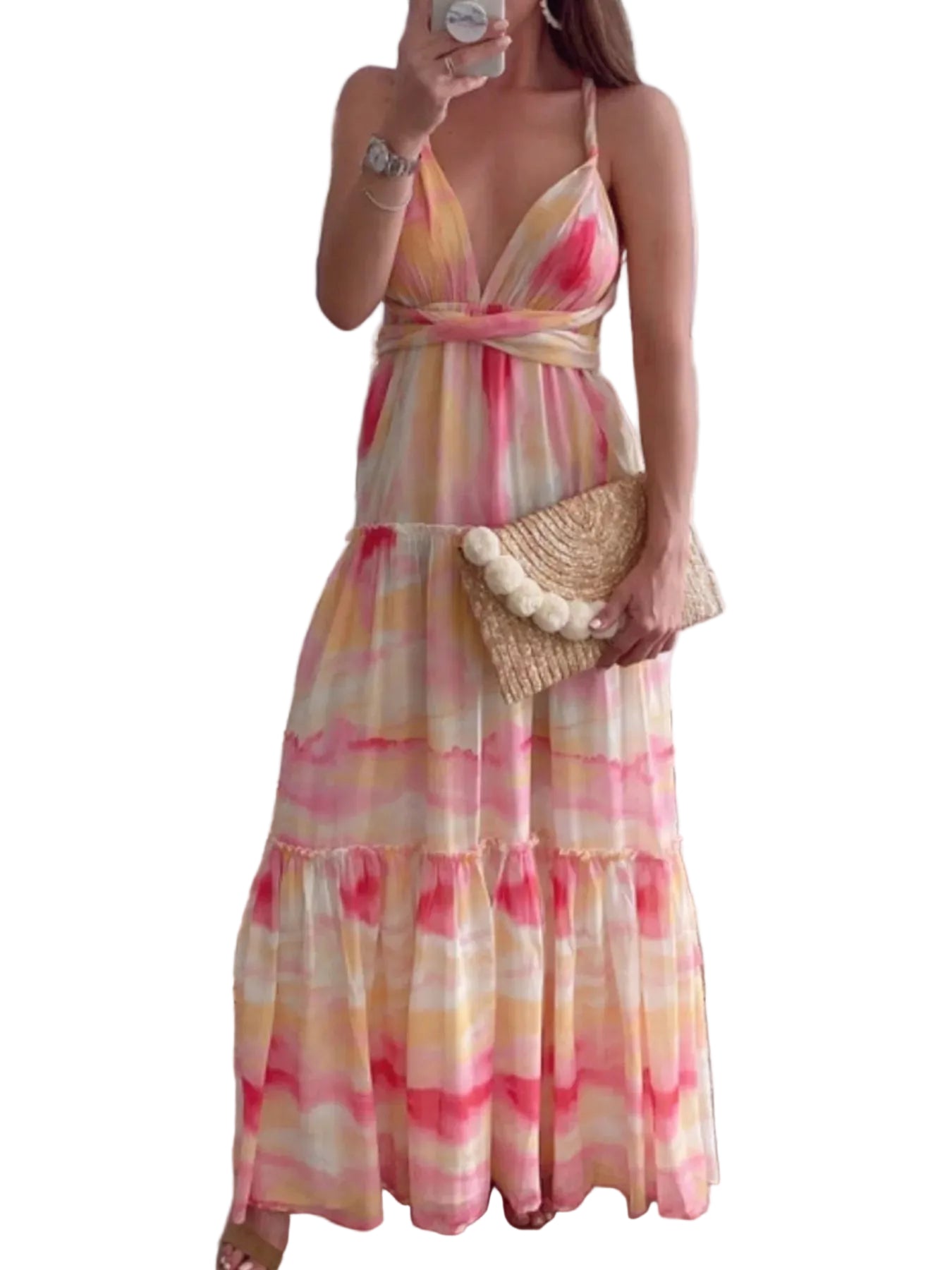 Plunge Neck Abstract Print Tiered Maxi Dress