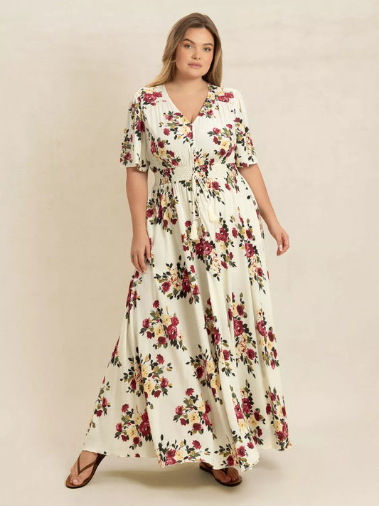 Plus Size Floral Maxi Dress - Flutter Sleeve Button Front Summer Dress