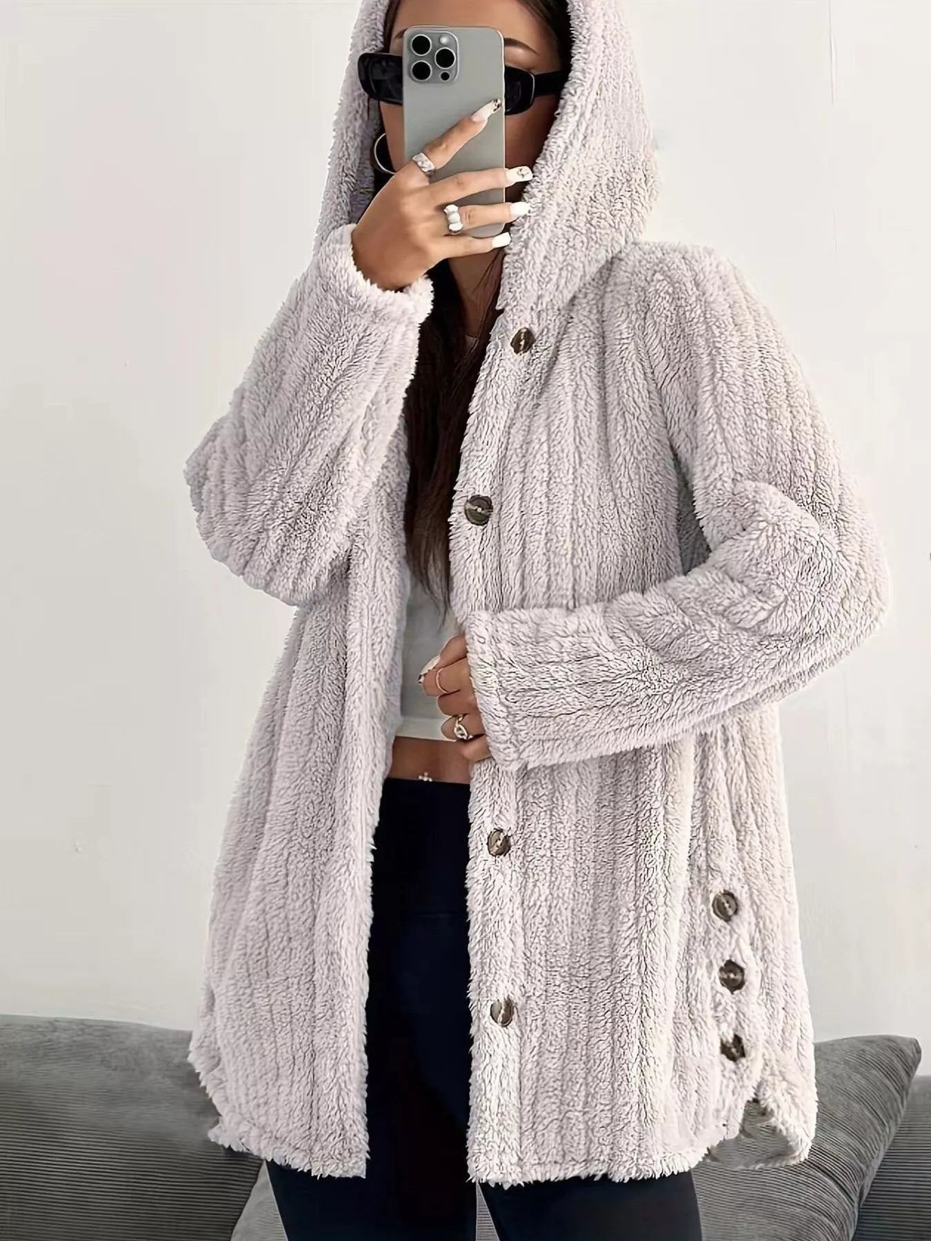 Plush Button Up Hooded Jacket