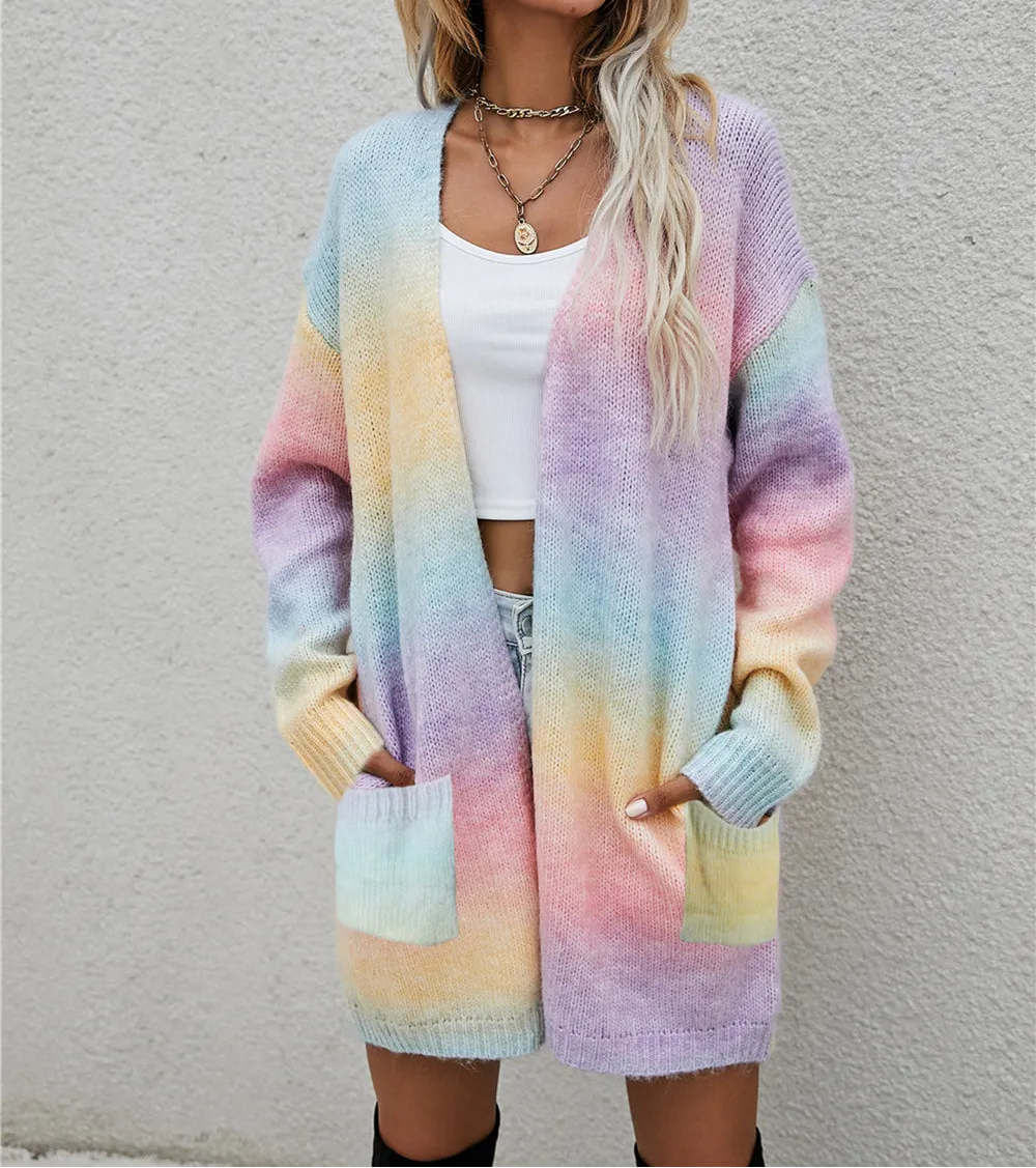 Pocketed Open Front Gradient Cardigan