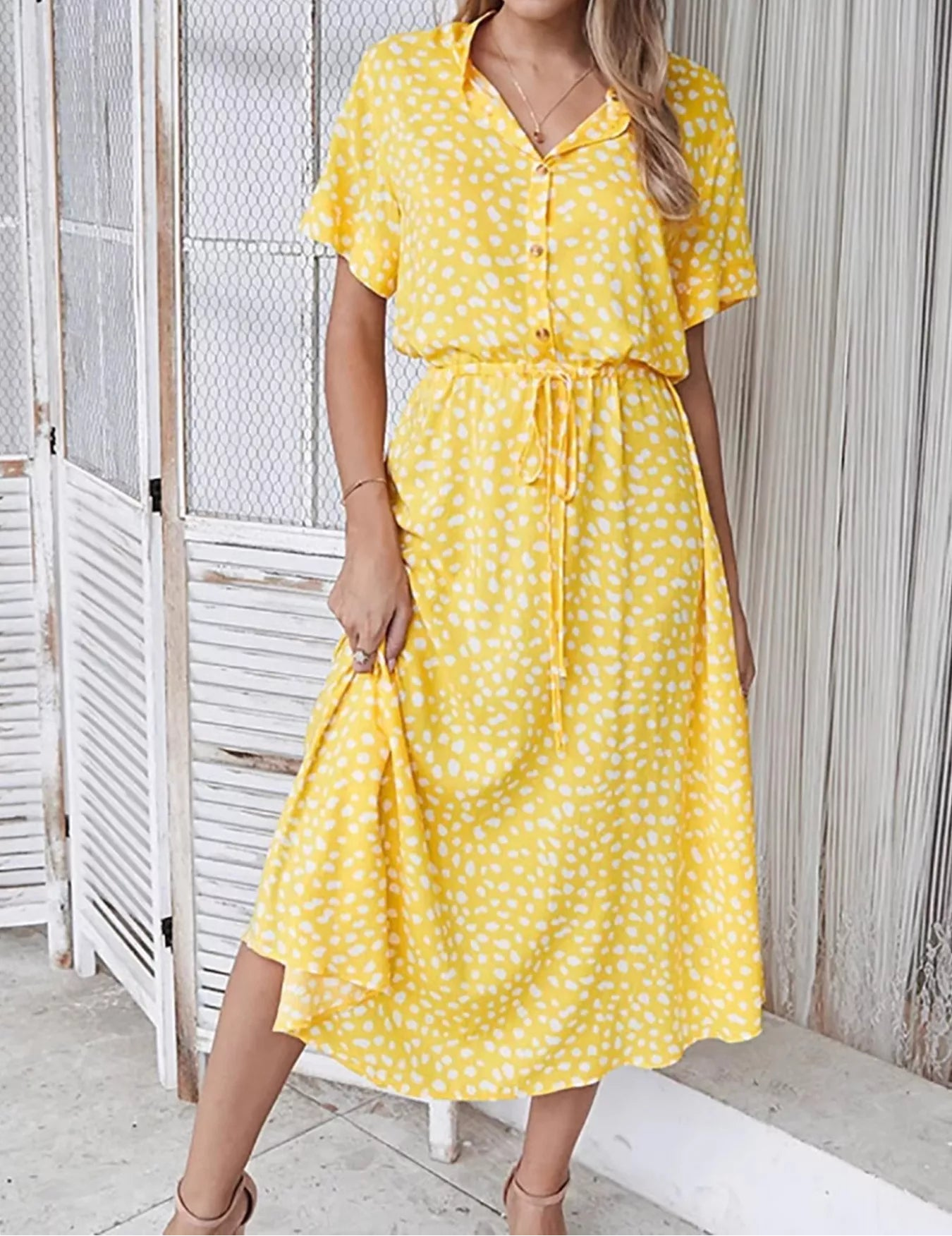 Polka Dot Button Front Midi Dress Butter Yellow