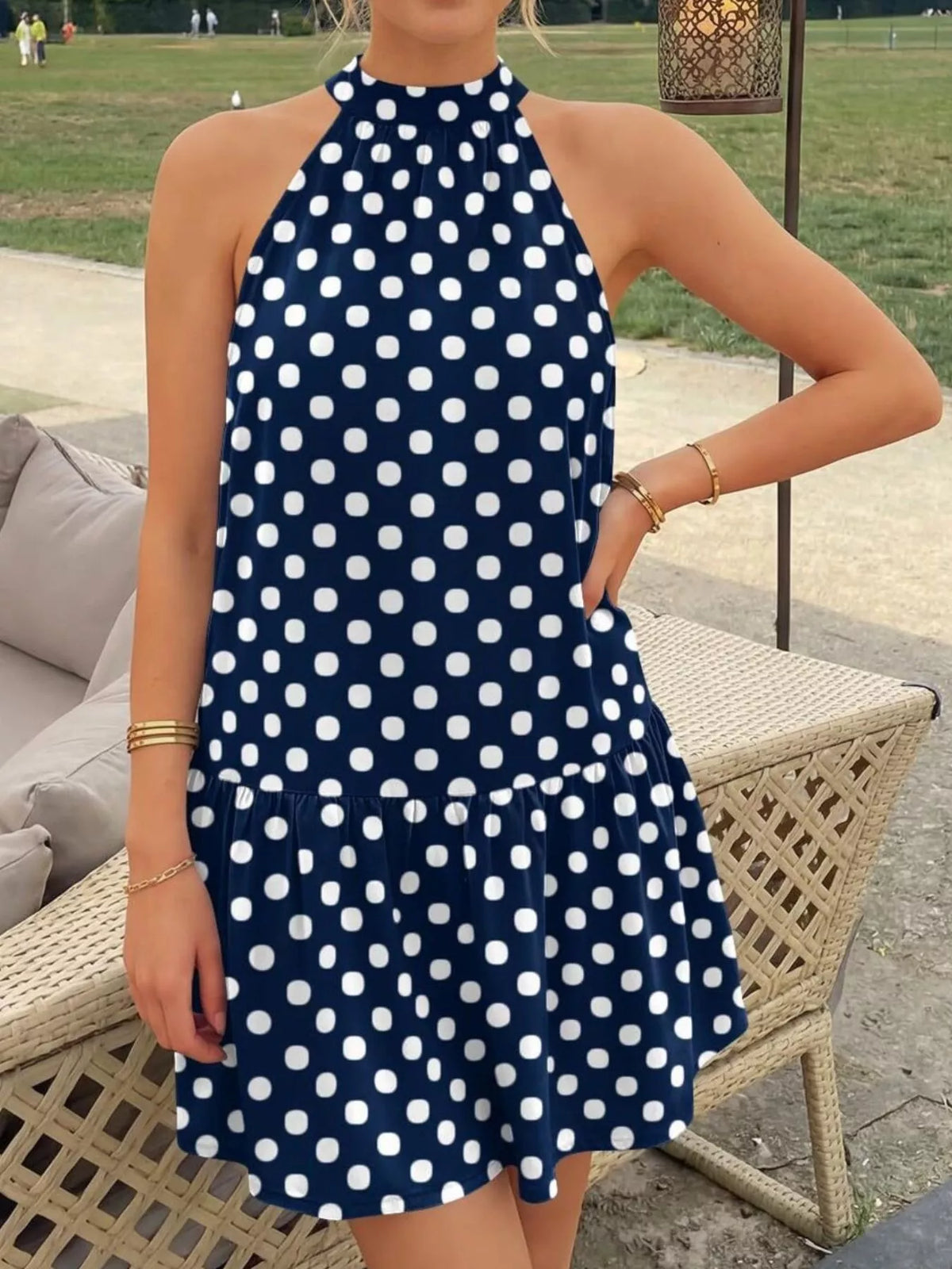 Polka Dot Halter Neck Mini Dress Navy Blue