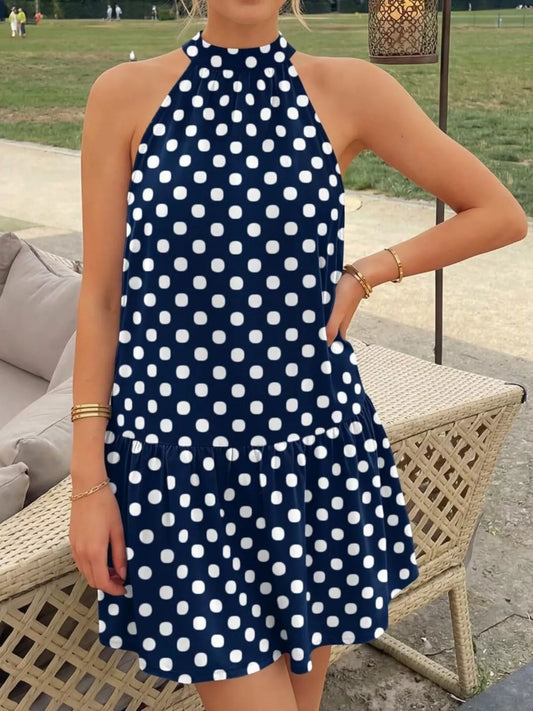 Polka Dot Halter Neck Mini Dress Navy Blue