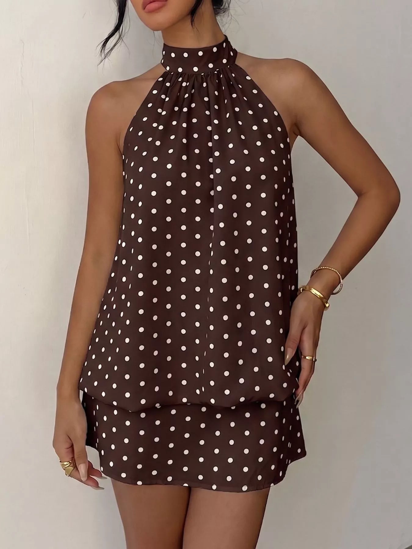 Polka Dot Halter Neck Tie Mini Dress Coffee Brown