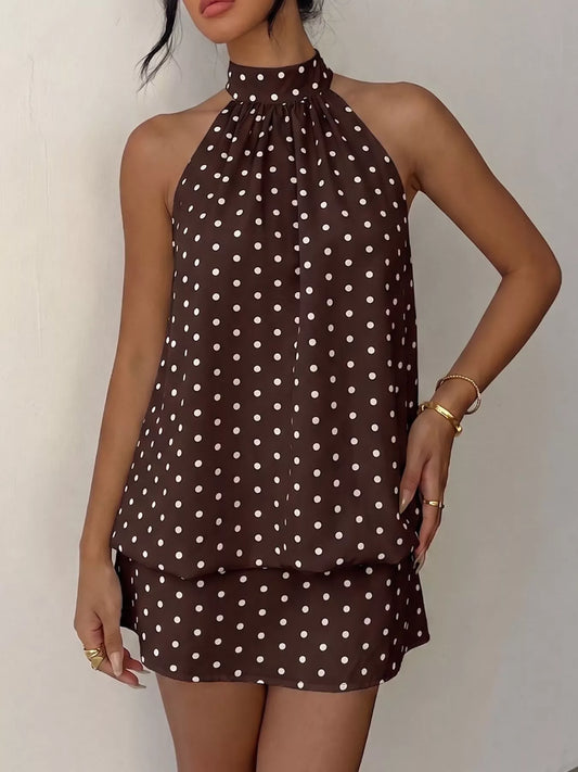 Polka Dot Halter Neck Tie Mini Dress Coffee Brown