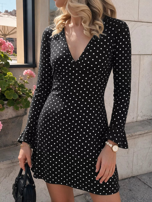 Polka Dot Long Flounce Sleeve Mini Dress