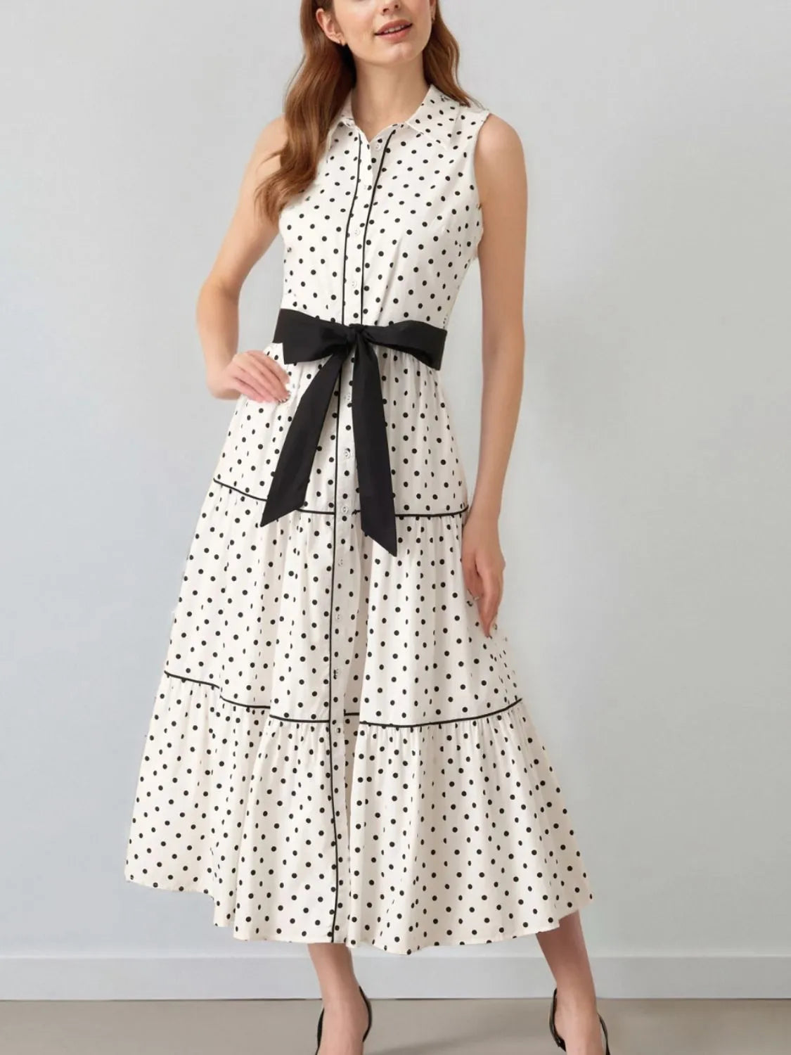 Polka Dot Midi Dress - Sleeveless Summer Shirt Dress for Women