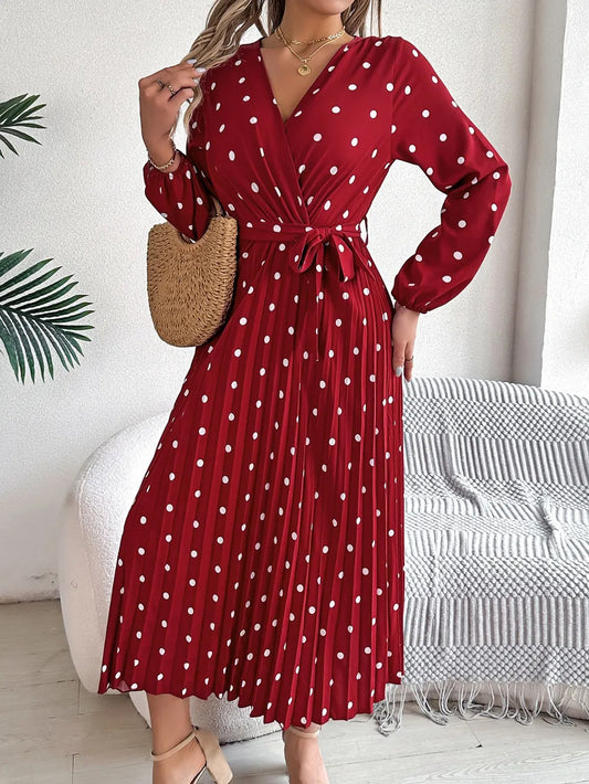 Polka Dot Midi Dress Long Sleeve - Elegant Tie Waist Women's Dress burgundy