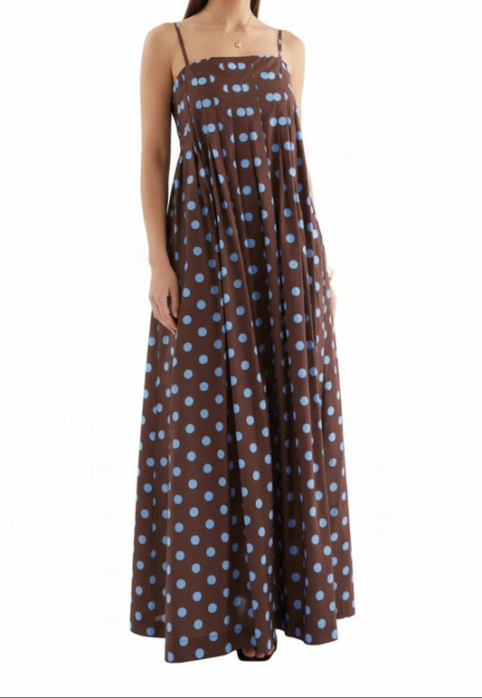 Polka Dot Pleated Detail Maxi Dress