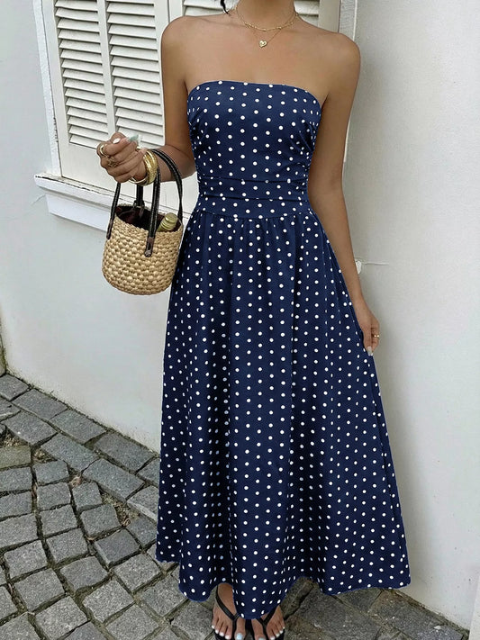 Polka Dot Strapless Midi Dress