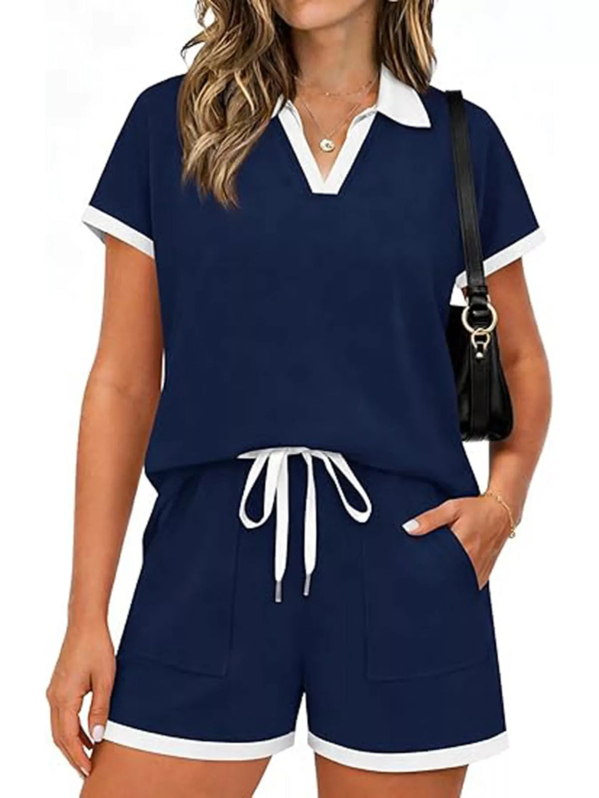 Polo Collar Short Sleeve Top and Shorts Set Navy Blue