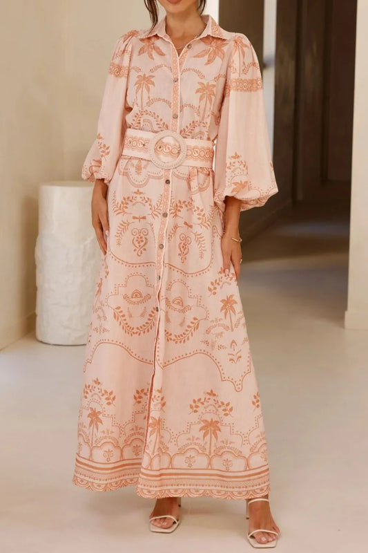 Printed Balloon Sleeve Maxi Shirt Dress apricot
