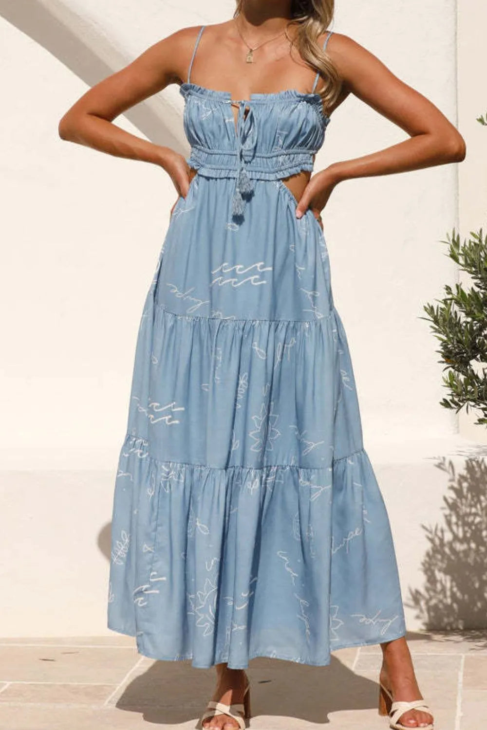 Printed Midi Cami Dress with Cutout Detail - Sleeveless Summer Dress Light Blue