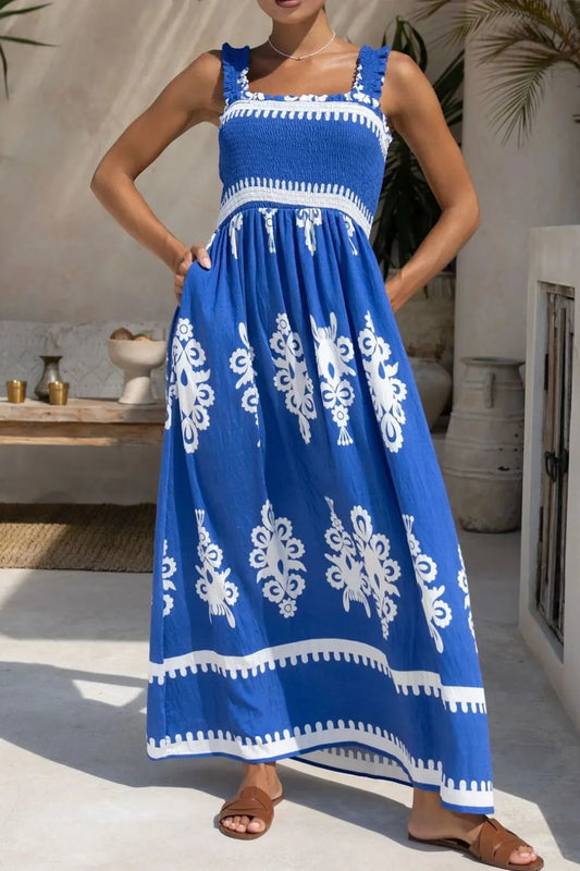 Printed Square Neck Maxi Dress with Pockets - Smocked Summer Dress blue