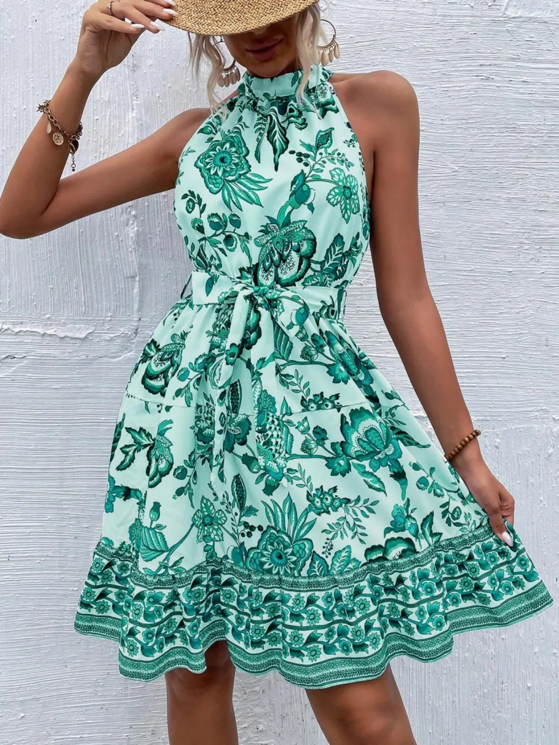 Printed Tie Waist Mini Dress green