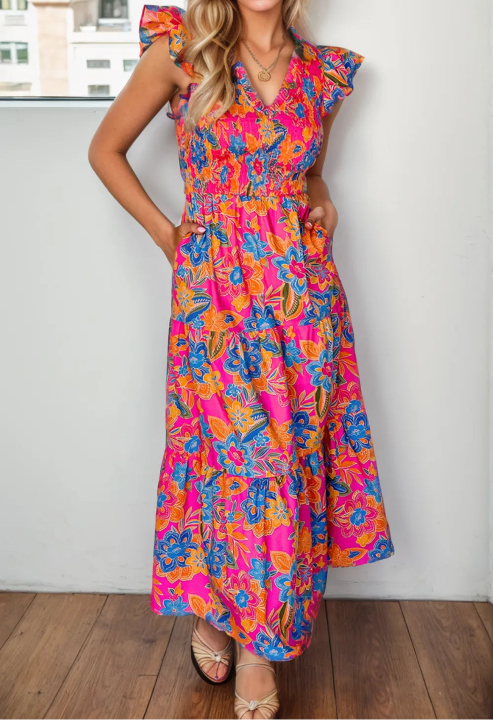 Printed V-Neck Cap Sleeve Pocketed Midi Dress