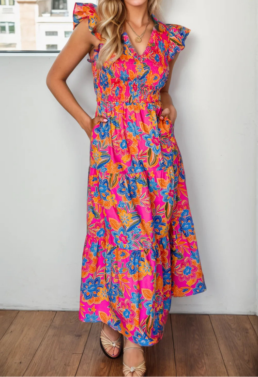 Printed V-Neck Cap Sleeve Pocketed Midi Dress