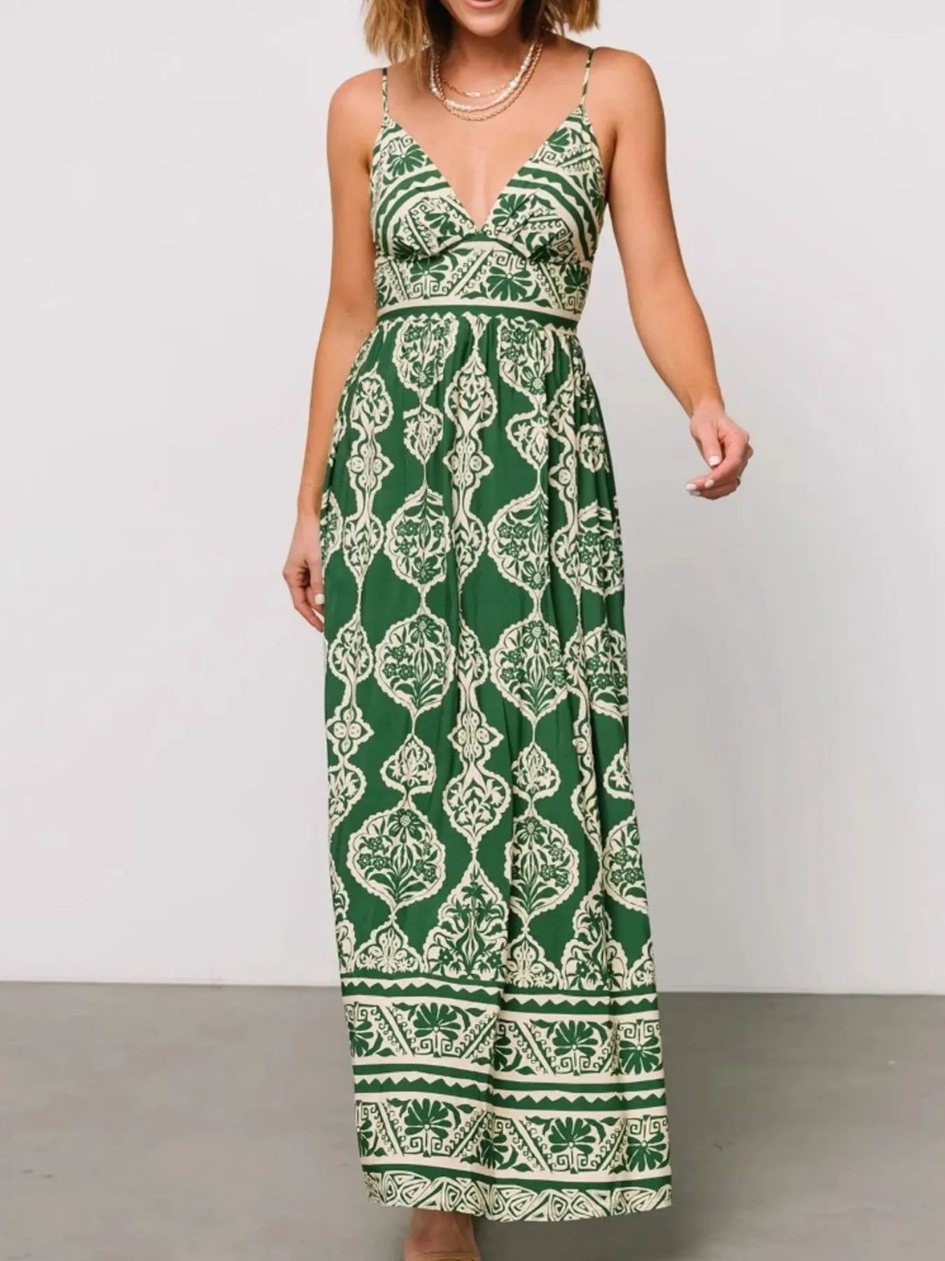 Printed V-Neck Maxi Cami Dress - Flowy Summer Dress for Women green