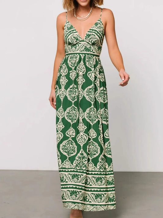 Printed V-Neck Maxi Cami Dress - Flowy Summer Dress for Women green