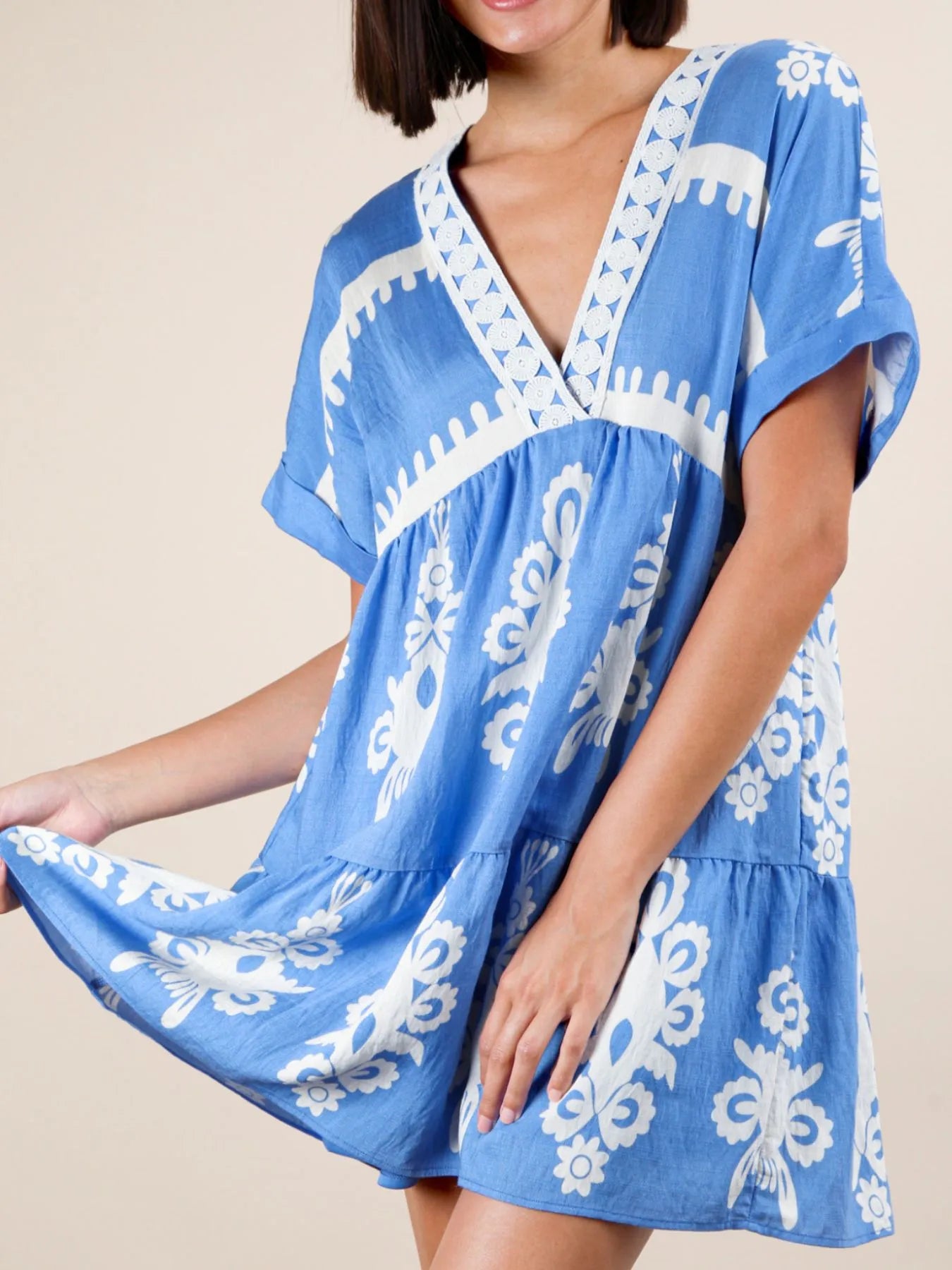 Printed V-Neck Short Sleeve Mini Dress blue
