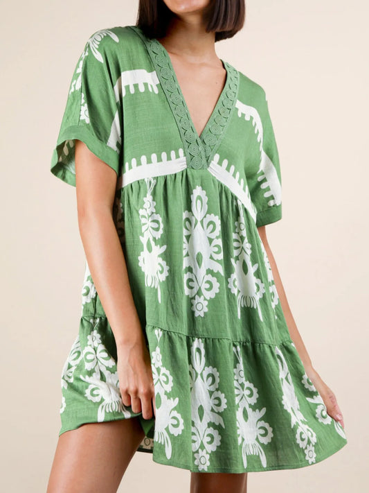 Printed V-Neck Short Sleeve Mini Dress green