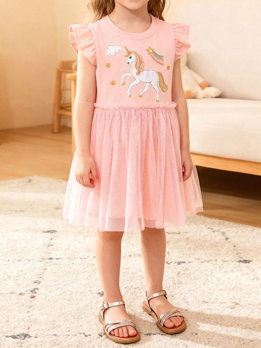 Rainbow Star Unicorn Ruffle Sleeve Tulle Dress