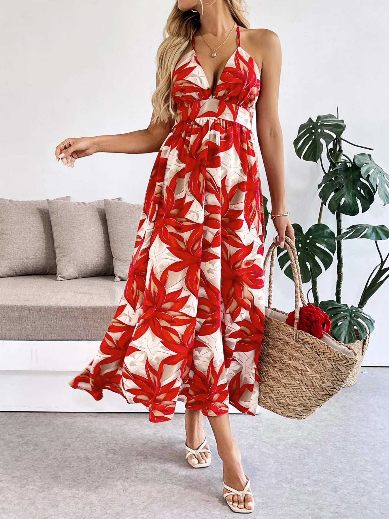 Red Floral Abstract Print Criss-Cross Back Midi Dress