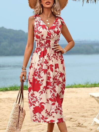 Red Floral Midi Dress - Smocked Surplice Summer Dress for Women